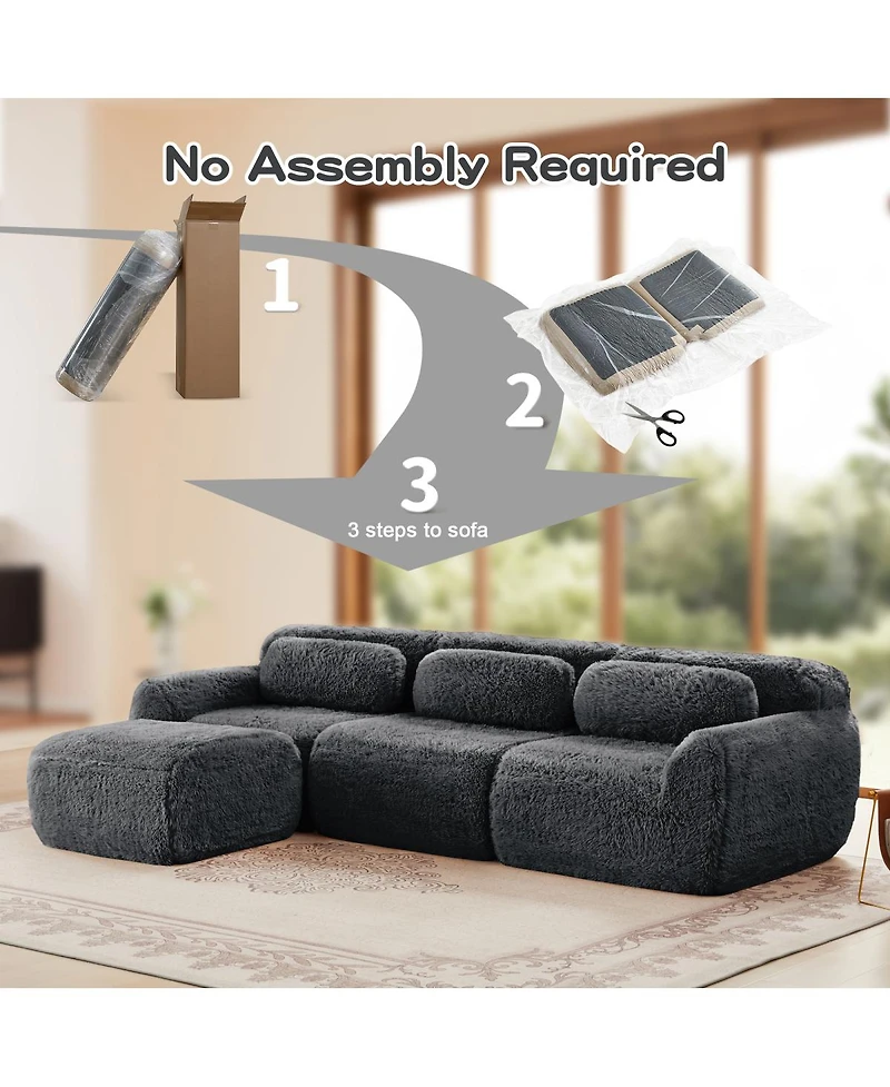 Streamdale Furniture L-shaped Dark Gray Plush Sofa with Ottoman, High-Density Sponge, No Assembly