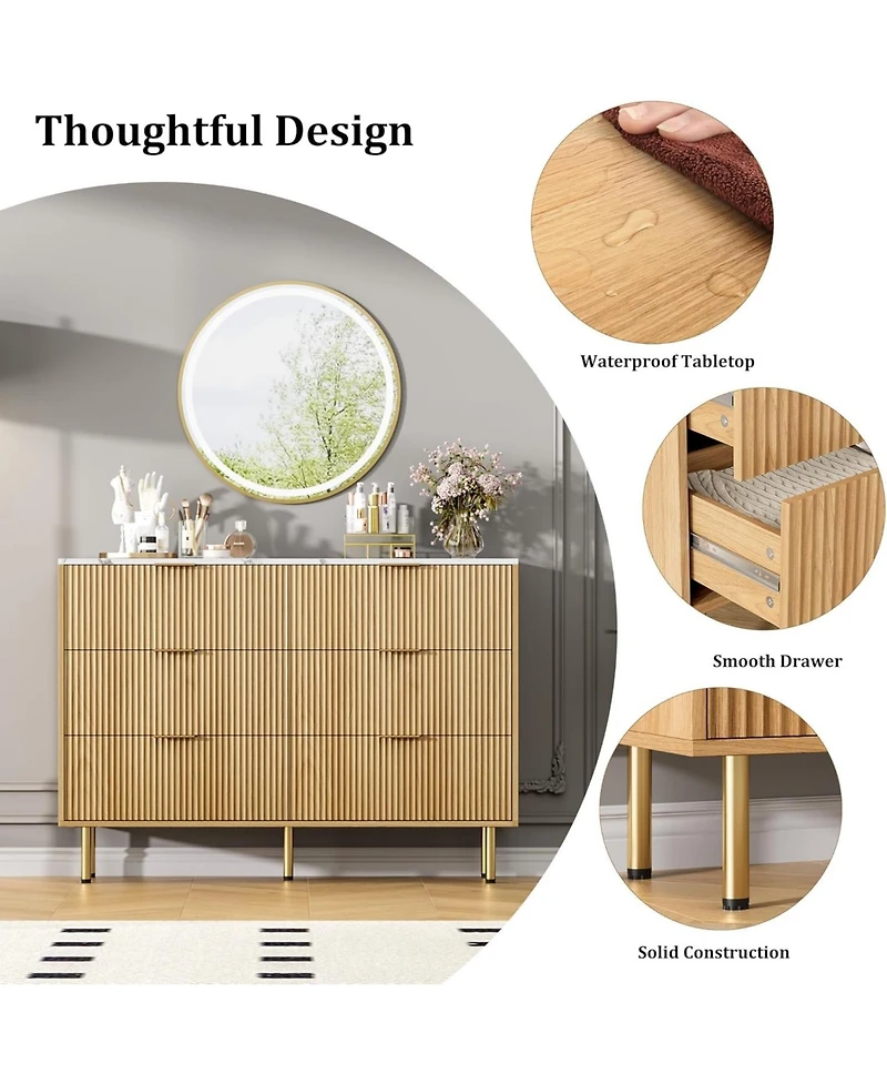 gaomon 47" Wide 6-Drawer Fluted Dresser, Modern Wooden Double Chest