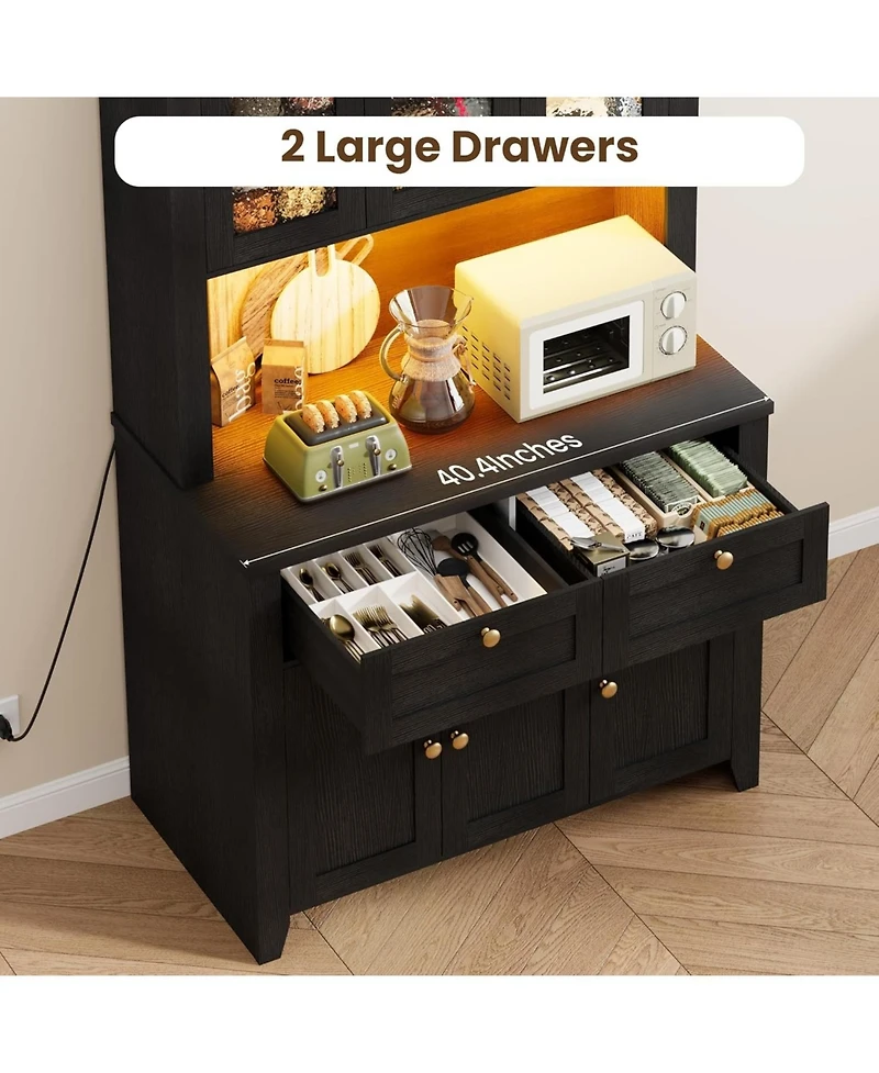 gaomon 66" Tall Kitchen Pantry Cabinet, Modern Hutch with Charging Station, Large Coffee Bar Storage Cabinet Glass Doors and Drawers