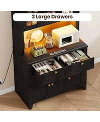 gaomon 66" Tall Kitchen Pantry Cabinet, Modern Hutch with Charging Station, Large Coffee Bar Storage Cabinet Glass Doors and Drawers