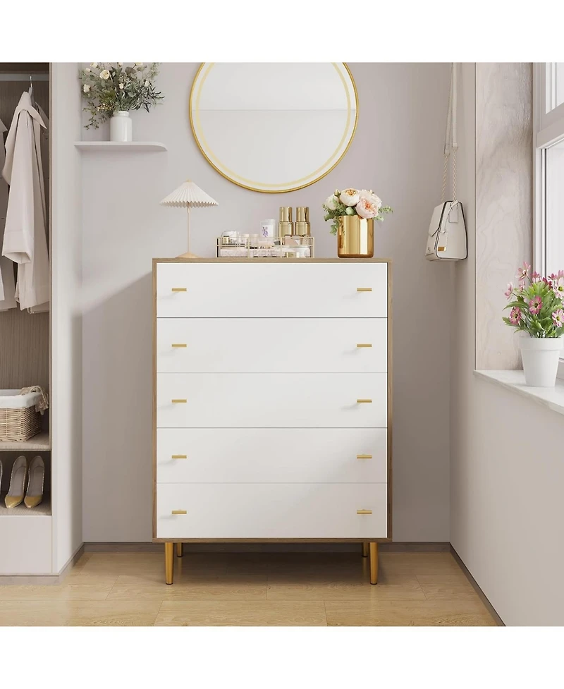 gaomon 44" Farmhouse Wood 5 Drawer Dresser with Bar Handles