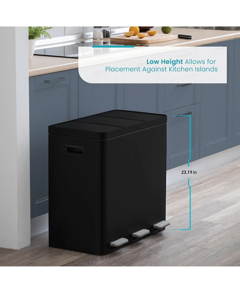 Home Zone Living 16 Gallon Stainless Steel Triple Trash and Recycling Can with Soft Close Lids and Step Pedals
