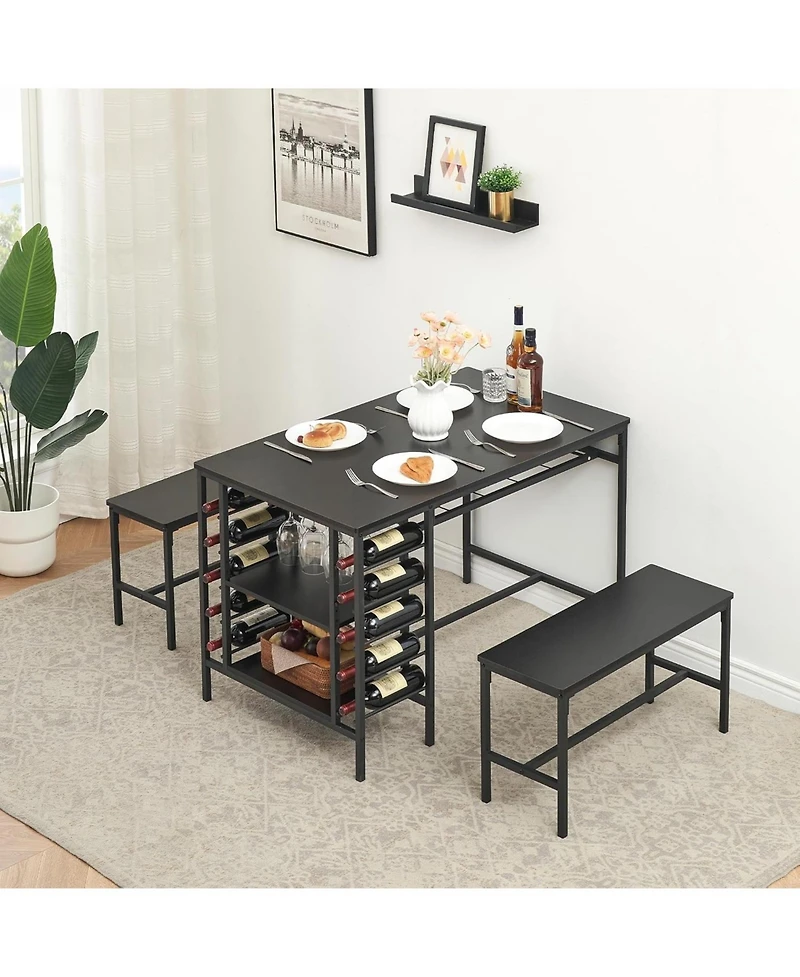 gaomon Dining Table Set for 4, Compact 3-Piece Kitchen Table with 2 Benches, Wine Rack, Storage Shelf