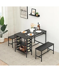 gaomon Dining Table Set for 4, Compact 3-Piece Kitchen Table with 2 Benches, Wine Rack, Storage Shelf