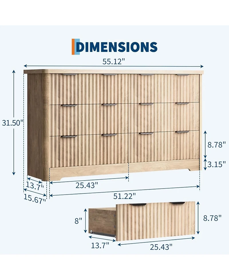 gaomon Fluted Dresser with Drawer, Modern Dressers for Bedroom with Wood Top, Sturdy Wooden Dresser & Tv Stand.