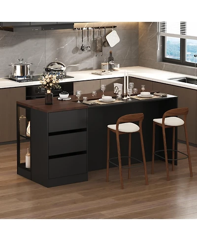 Famapy Kitchen Island with 3 drawers, glass shelves, light strip,dining table, coffee station and microwave rack for dining room