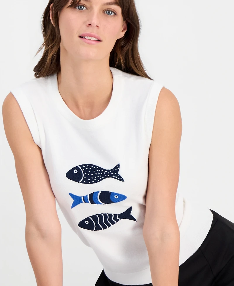T Tahari Women's Fish-Embroidery Sleeveless Crewneck Top