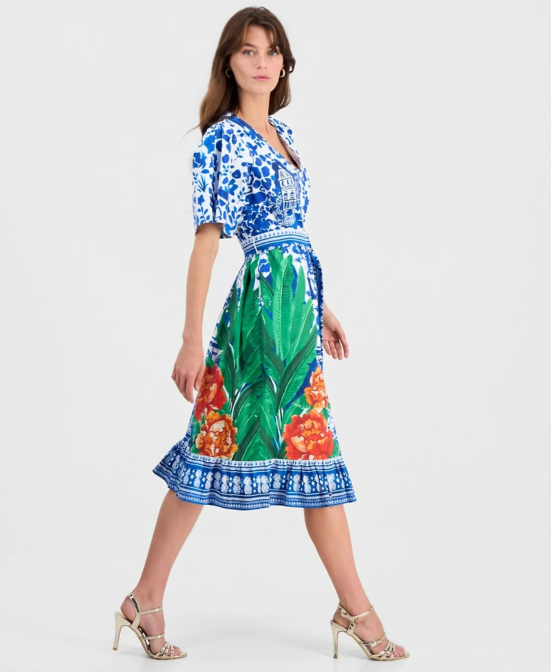 T Tahari Women's Printed Elbow-Sleeve V-Neck Midi Dress