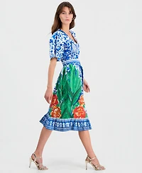 T Tahari Women's Printed Elbow-Sleeve V-Neck Midi Dress