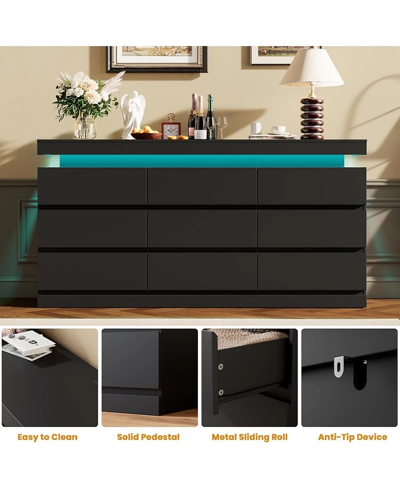 gaomon Drawer Dresser Wide Chest with Led Lights & Charging Station, Large Storage Organizer Tv Stand for Living Room, Hallway.