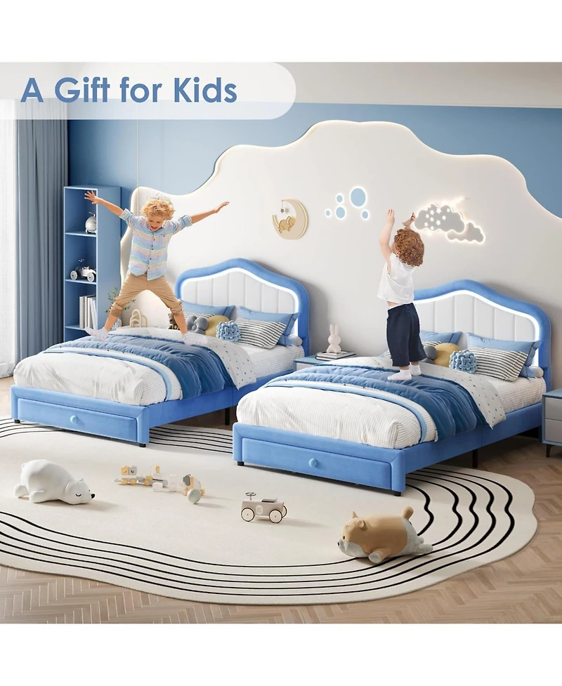 gaomon Twin Xl Upholstered Bed Frame with Led Lights Storage Drawer Velvet Platform Wood Slats No Box Spring