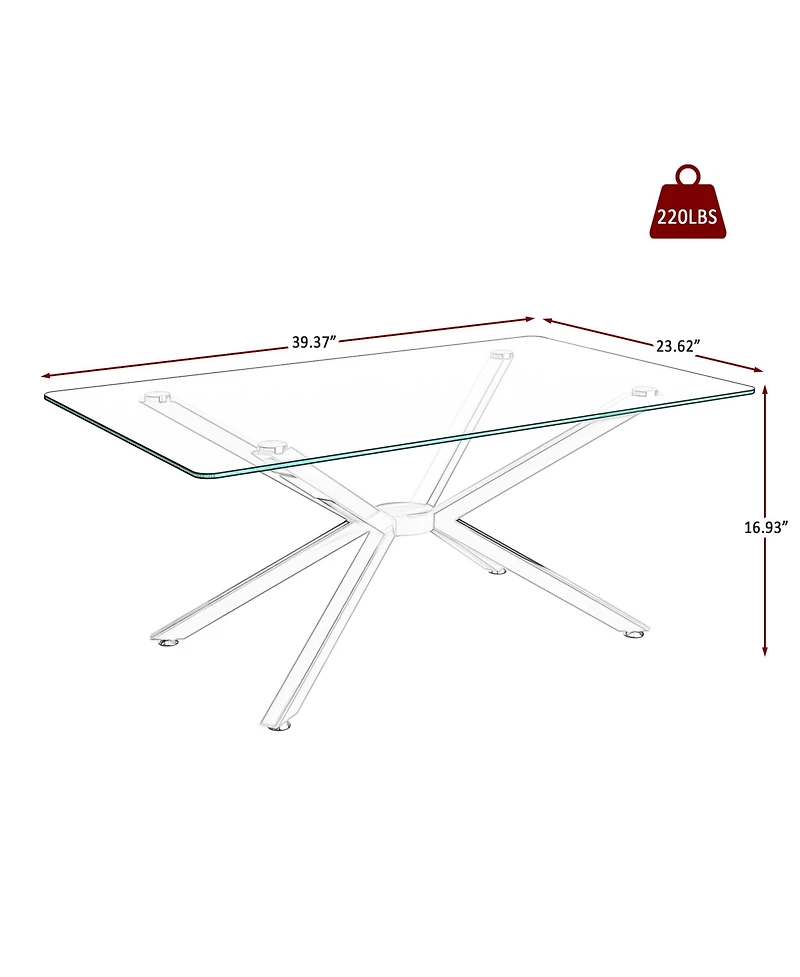 Rainsken Rectangular Clear Tempered Glass Coffee Table with Adjustable Feet and Metal Legs for Living Room (Silver + Clear Glass)