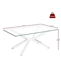 Rainsken Rectangular Clear Tempered Glass Coffee Table with Adjustable Feet and Metal Legs for Living Room (Silver + Clear Glass)