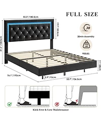 gaomon Full Floating Bed Frame with Led Lights, Upholstered Platform, Solid Wood Slats