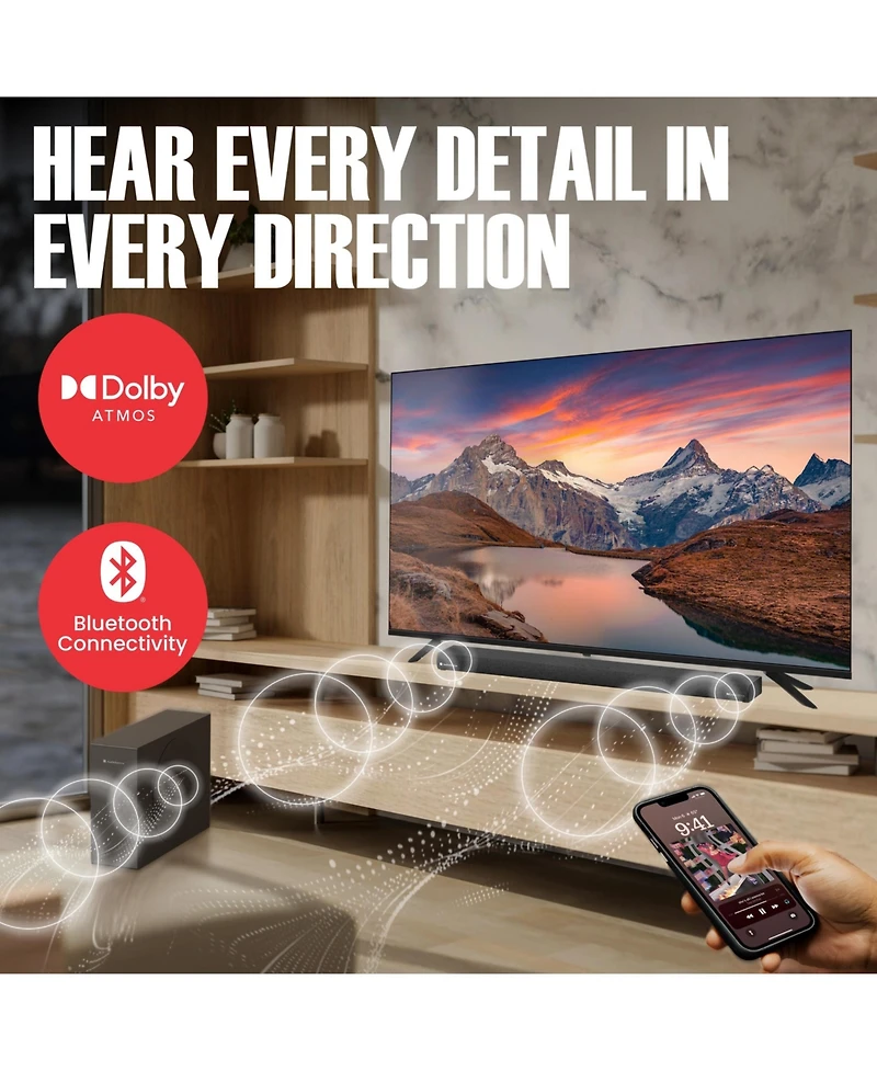 Audiosource 2.1 Soundbar, Wireless Subwoofer w/Dolby Atmos, Bluetooth Streaming for Smart Tv and Multi-Devices, Compact Design, 240W Max Output