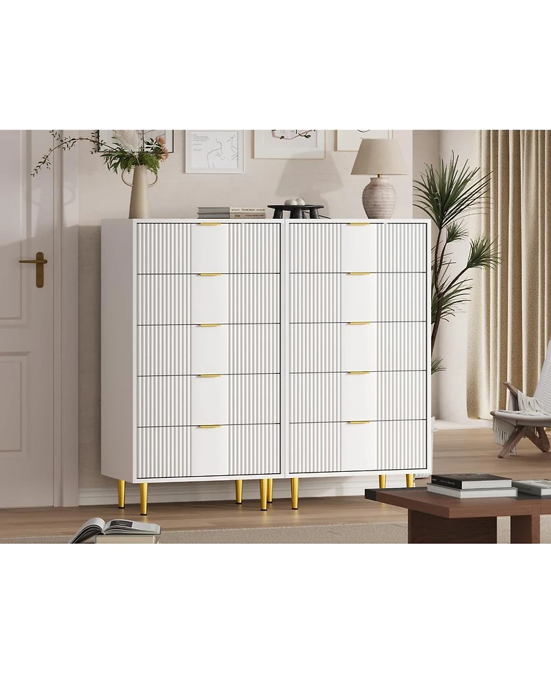 gaomon Fluted 5-Drawer Dresser, Modern Wooden Chest with Metal Handles, Space-Saving Clothes Storage for Bedroom, Living Room, Hallway
