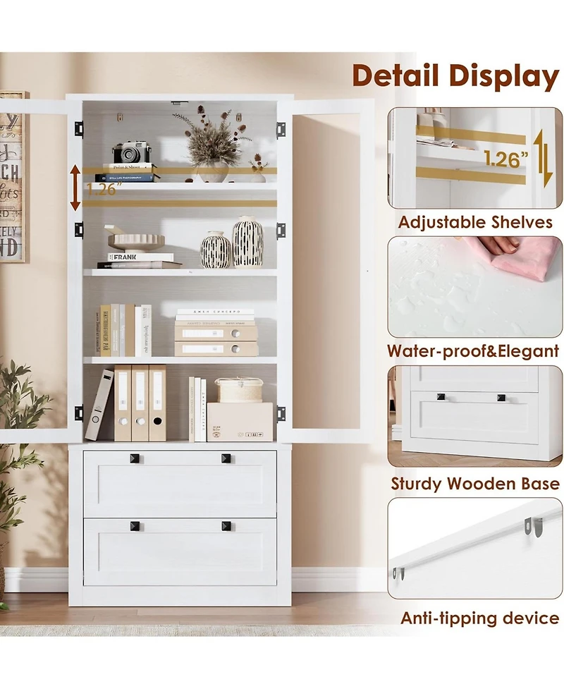 gaomon Tall Kitchen Pantry Cabinet - Modern Display Storage with 2 Large Drawers, Glass Doors, and Adjustable Shelves