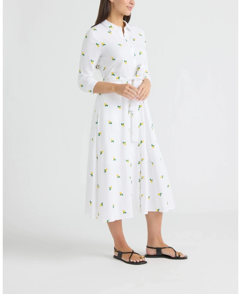 Ellen Tracy Women's Linen Belted Shirt Dress with Embroidery Detail