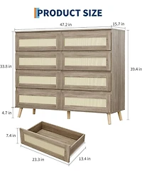 gaomon Rattan 8 Drawer Dresser for Bedroom, Wooden Dressers Chests of Drawers, Modern Farmhouse Storage Organizer for Closet, Entryway, Living Room