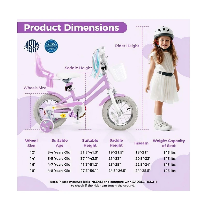 Hongge 12 Inch Girls Bike Kids Bicycle with Doll Seat and Streamers for Children 3-4 Years Old