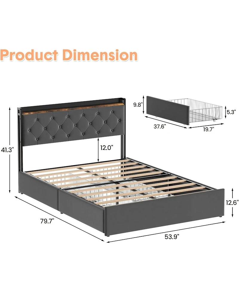 gaomon Size Velvet Upholstered Platform Bed Frame with 4 Storage Drawers & Usb/Ac Charging Station & No Box Spring Needed