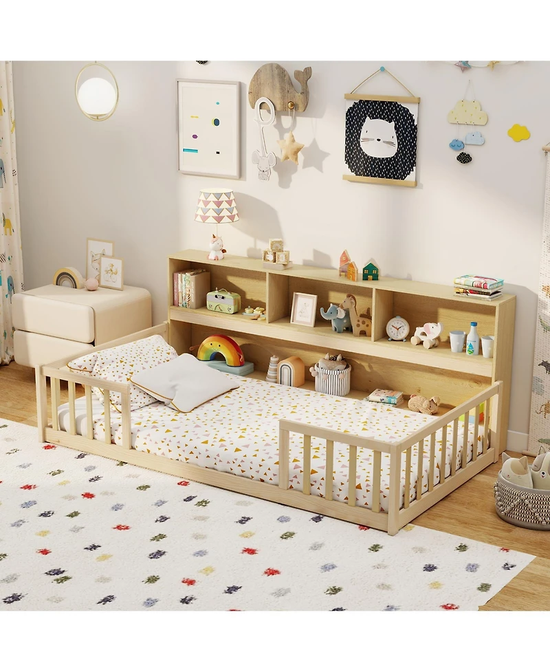 Slickblue Twin Montessori Floor Bed with Bookcase Storage