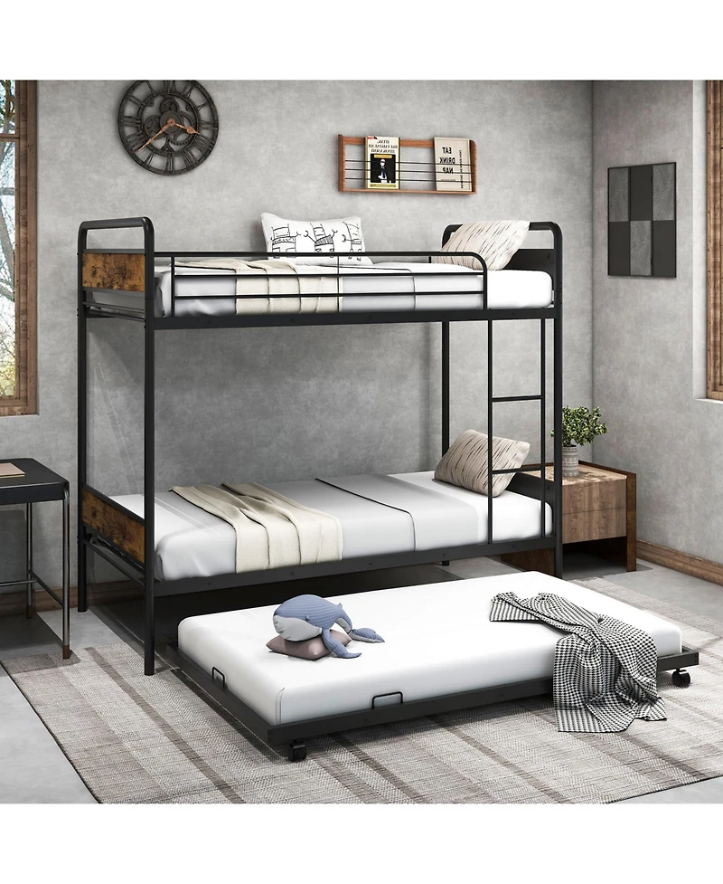 Sugift Twin Over Twin Metal Bunk Bed with Trundle, Ladder & Full Length Guardrails