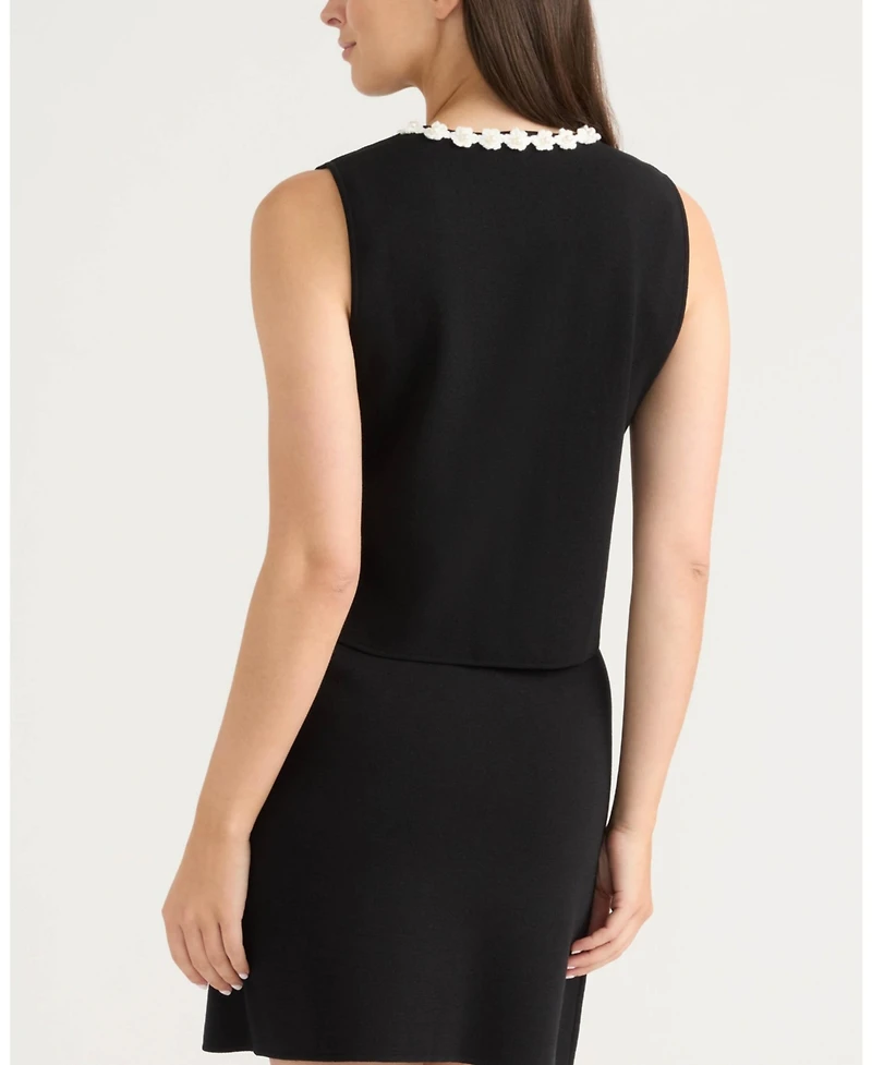 Ellen Tracy Women's Knit Vest with Beaded Crochet Trims