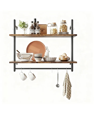 Yigii Floating Shelves Wall Mounted 31" 2-Tier Storage Rack with Towel Bar 8 Hooks