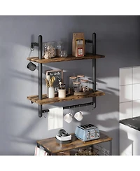 Yigii 24" Floating Wall Shelves 2 Tier Industrial Coffee Bar With 8 Hooks Towel Bar