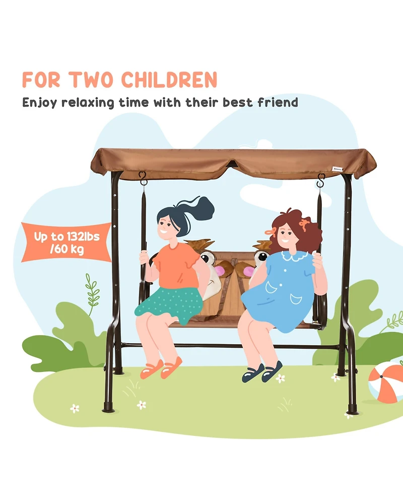 Outsunny Kids Patio Swing, Children Outdoor 2-Seat Porch Bench with Adjustable Canopy