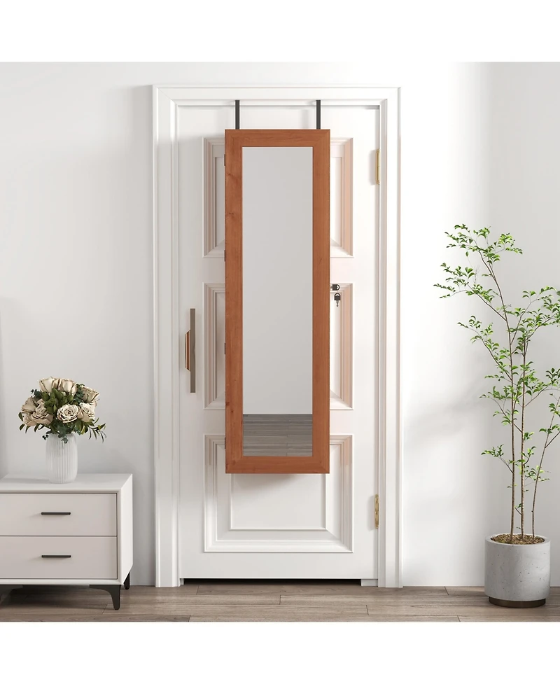 flynama Solid Wood Jewelry Armoire Organizer Cabinet with Full-Length Mirror Wall-Mounted Lockable with Led Light 47.5x14.3 in