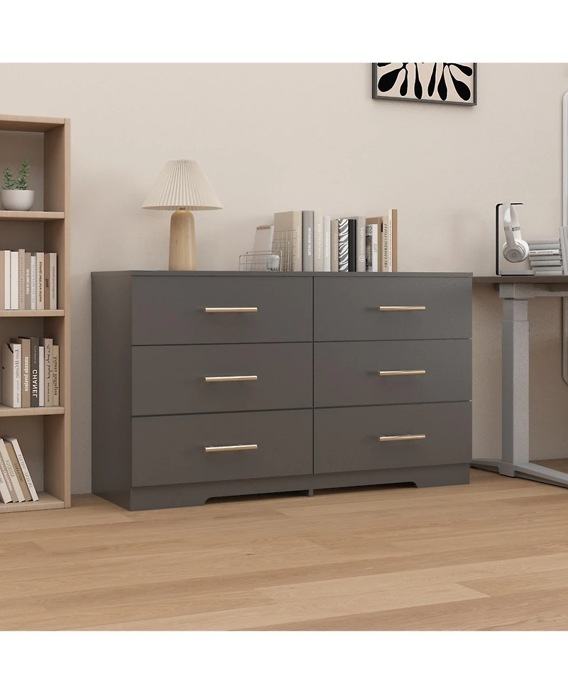 flynama Large 6 Drawers Chest Dresser Table with Golden Handles Modern Storage for Bedroom Living Room