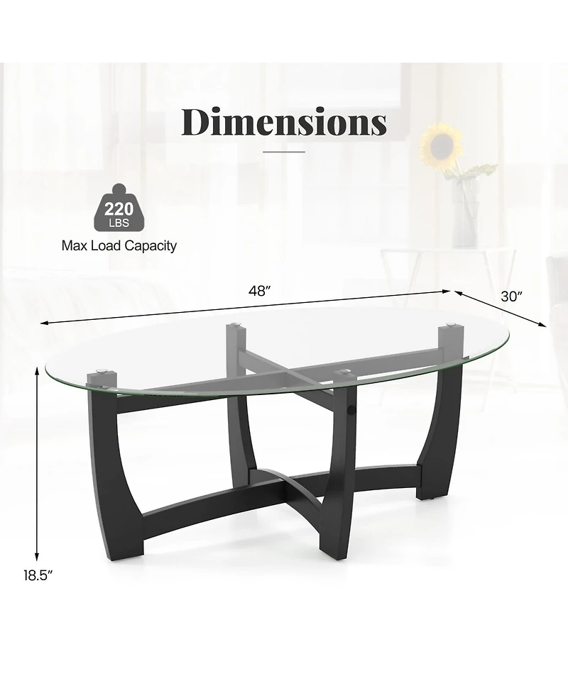 Sugift Oval Coffee Table with Tempered Glass Tabletop and Rubber Wood Legs