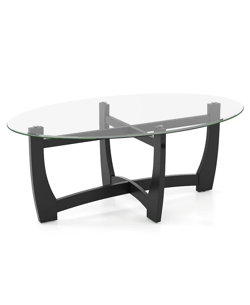 Sugift Oval Coffee Table with Tempered Glass Tabletop and Rubber Wood Legs