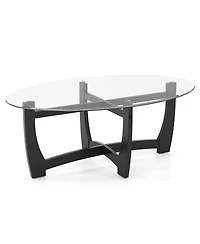 Sugift Oval Coffee Table with Tempered Glass Tabletop and Rubber Wood Legs