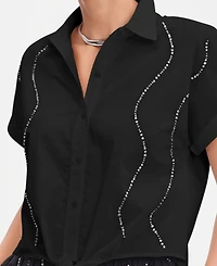 I.n.c. International Concepts Women's Short-Sleeve Rhinestone Embellished Tie Waist Blouse, Macy's Exclusive