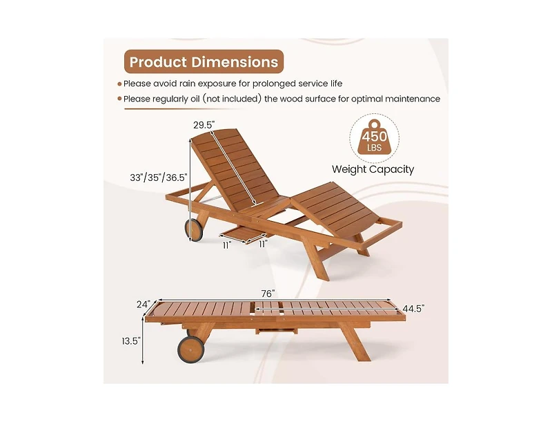 Slickblue Wooden Outdoor Recliner Chair with Wheels and Backrest