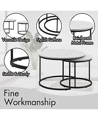 Rainsken Nesting Coffee Table Set of 2, 27.6" Round Center Table, Wood Marble Pattern Top with Sturdy Metal Frame for Living Room