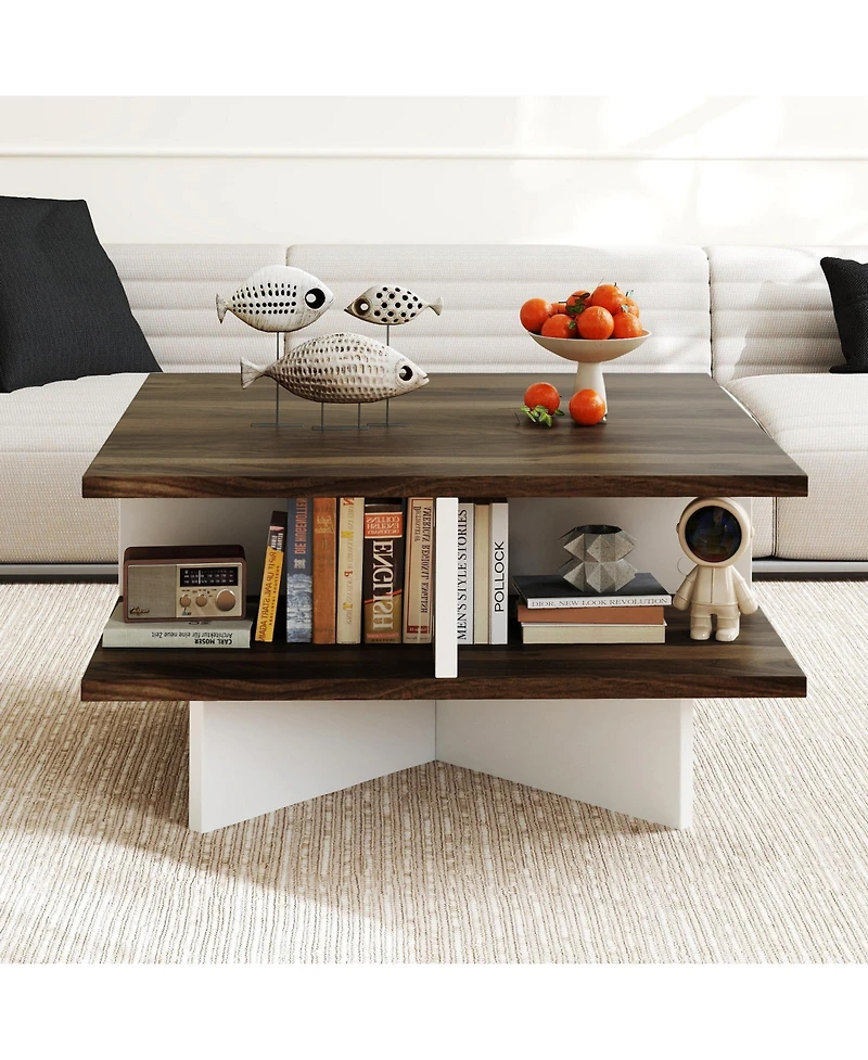 Sugift 2-Tier Square Coffee Table with 4 Storage Compartments-Walnut
