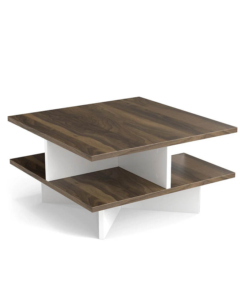 Sugift 2-Tier Square Coffee Table with 4 Storage Compartments-Walnut