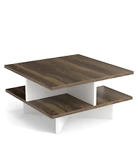 Sugift 2-Tier Square Coffee Table with 4 Storage Compartments-Walnut