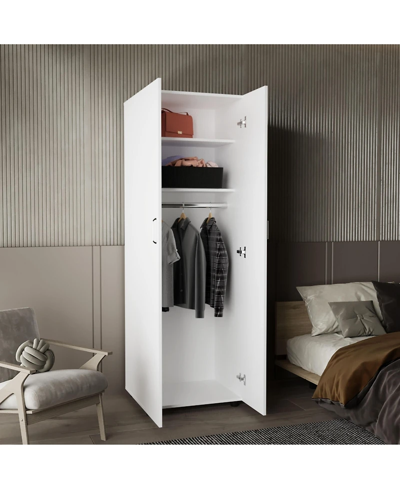flynama Double Door Armoire with Two Interior Shelves, Hanging Rod and Metal Rack for Bedroom Clothes Storage