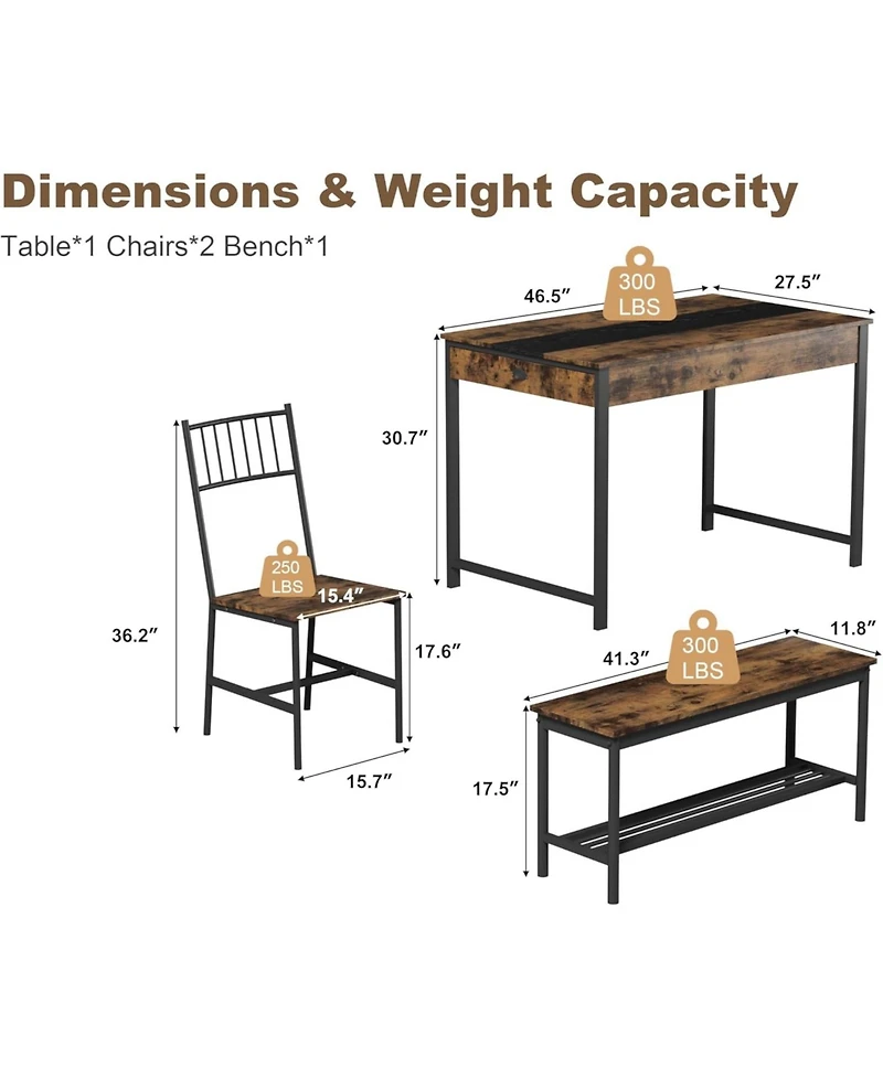 gaomon 4-Piece Farmhouse Rectangular Dining Table Set with 2 Chairs and Bench