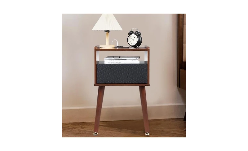 gaomon Mid Century Modern Nightstand with Charging Station, Wooden Bedside Table with Drawers, End Table Side Table with 2 Tiers Storage for Bedroom