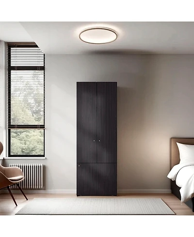 flynama Wenge Tolleson 3 Door Tall Wardrobe Armoire 4 Shelves Hanging Rod Freestanding Storage