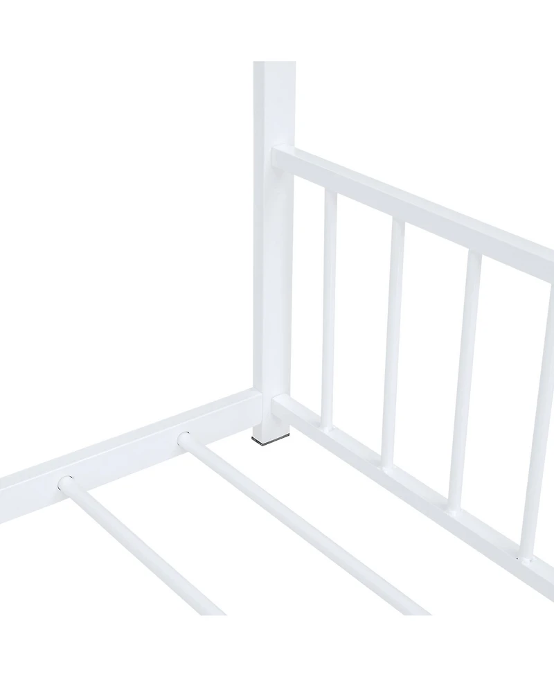 flynama White Metal House Bed with Roof Design Semi Enclosed Space and Integrated Slat Support