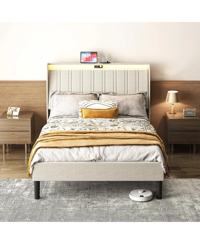 flynama Platform Bed Fabric Upholstered Headboard Wood Slats Usb Charging