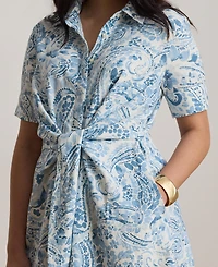 Lauren Ralph Plus Paisley Tie-Front Linen Shirtdress