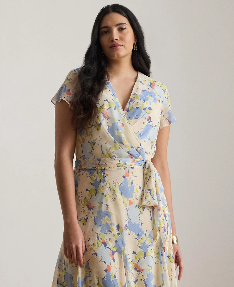 Lauren Ralph Plus Floral Crinkle Georgette Surplice Dress